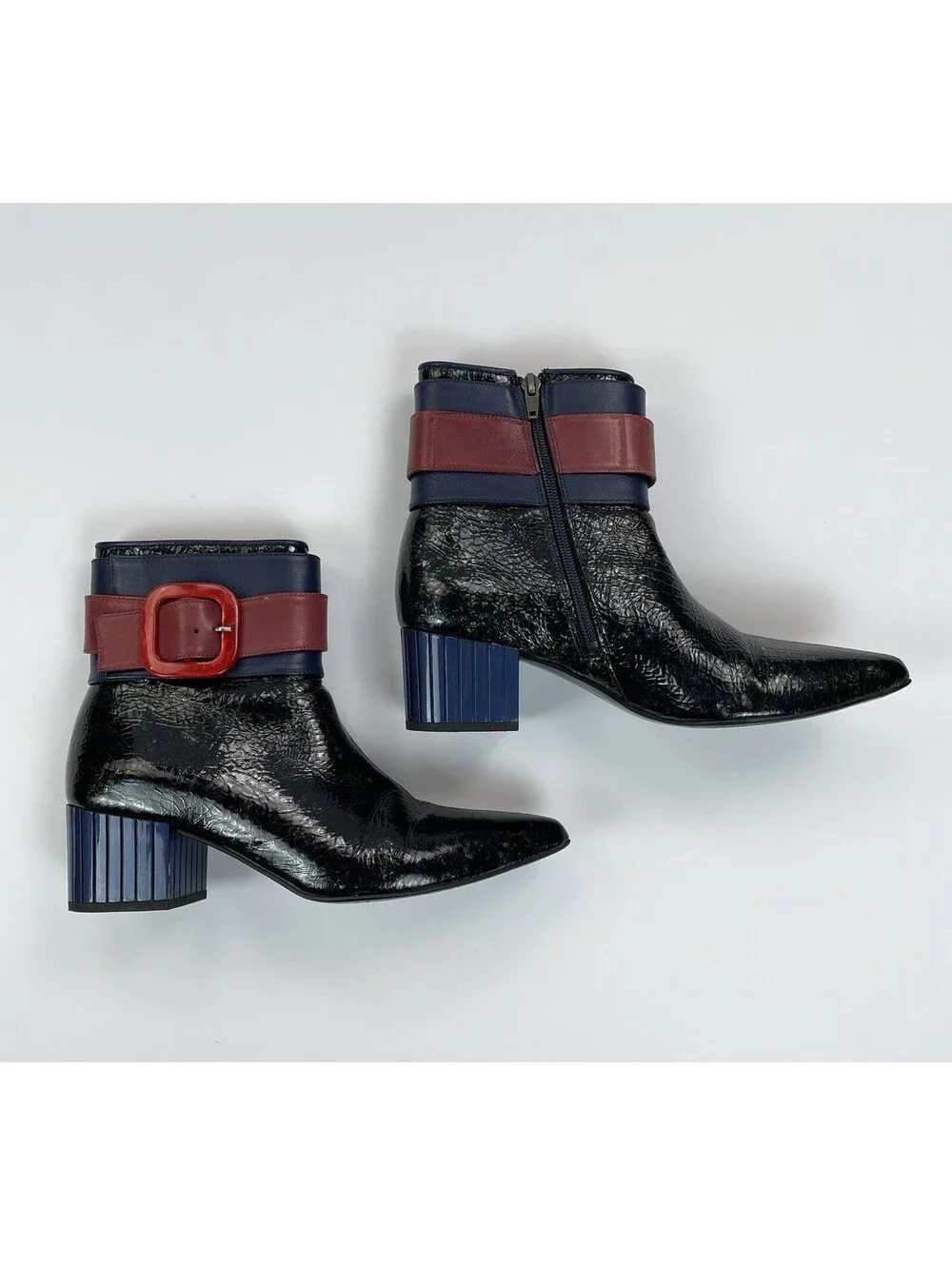 John Fluevog Effortless Miranda Boots Patent Leather Red Buckle Ankle 9.5